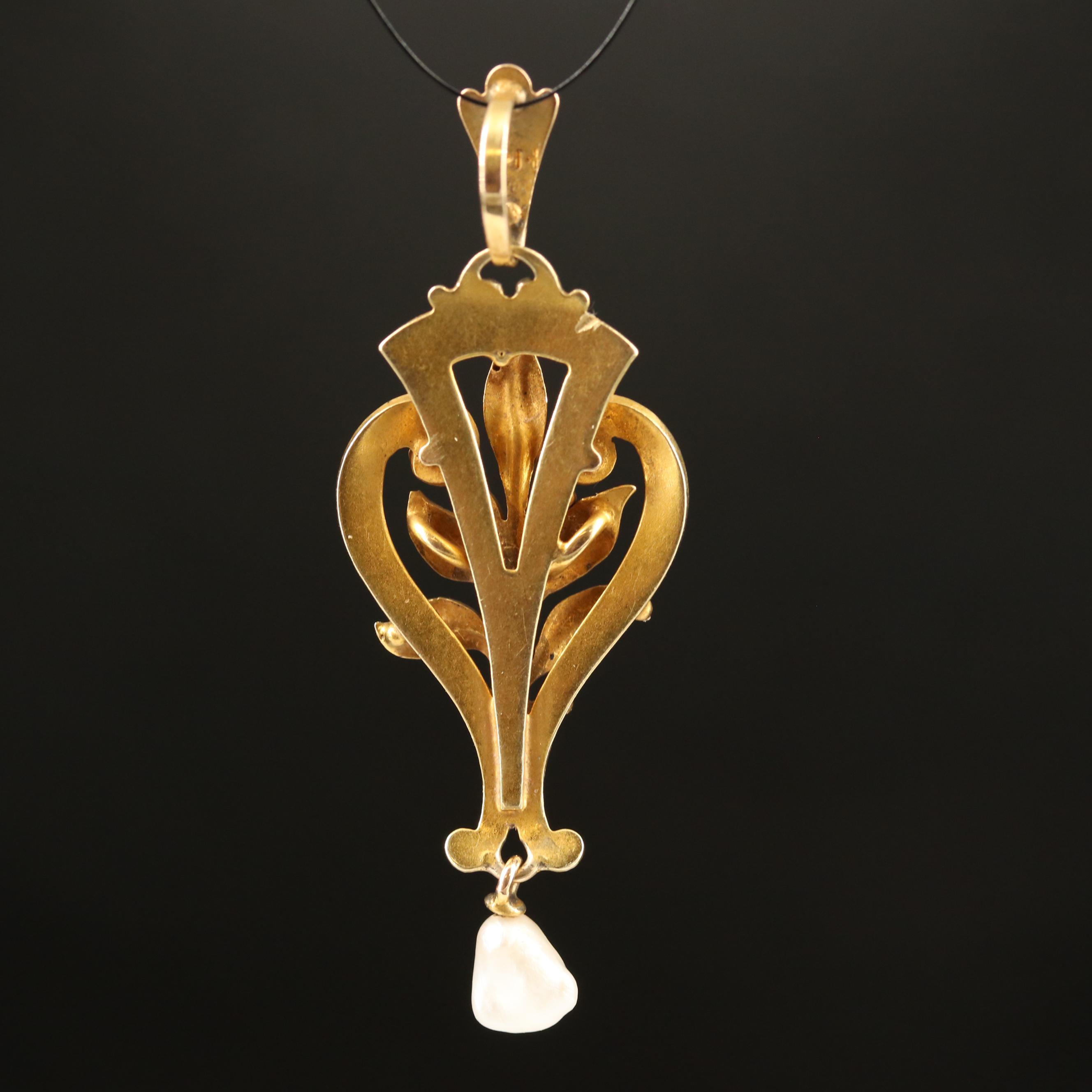 Art Nouveau Whiteside & Blank 14K Pearl Pendant with Guilloché Accents