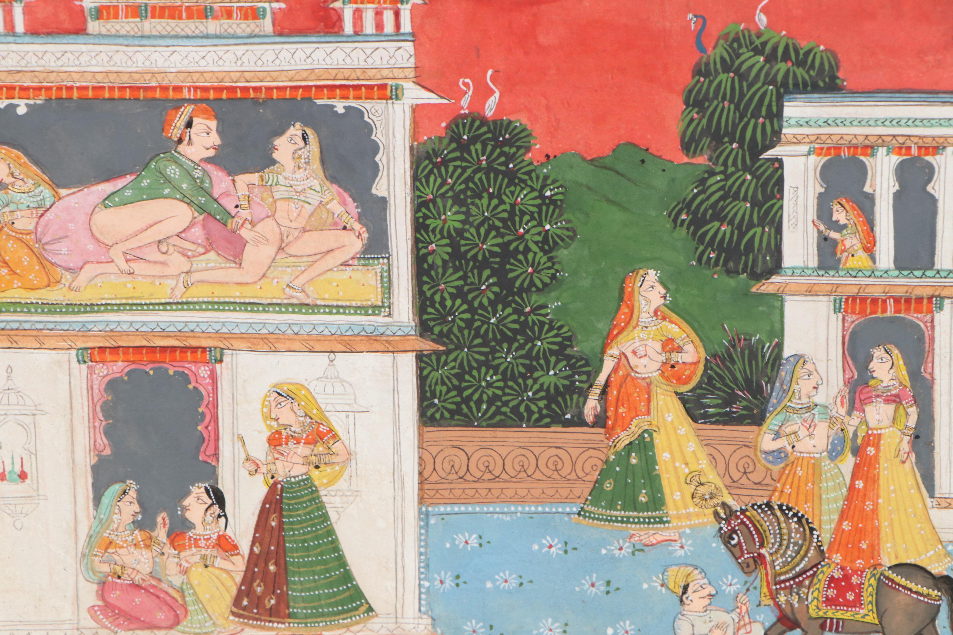 Indian Rajput Style Gouache Painting of Erotic Scene, 20th Century