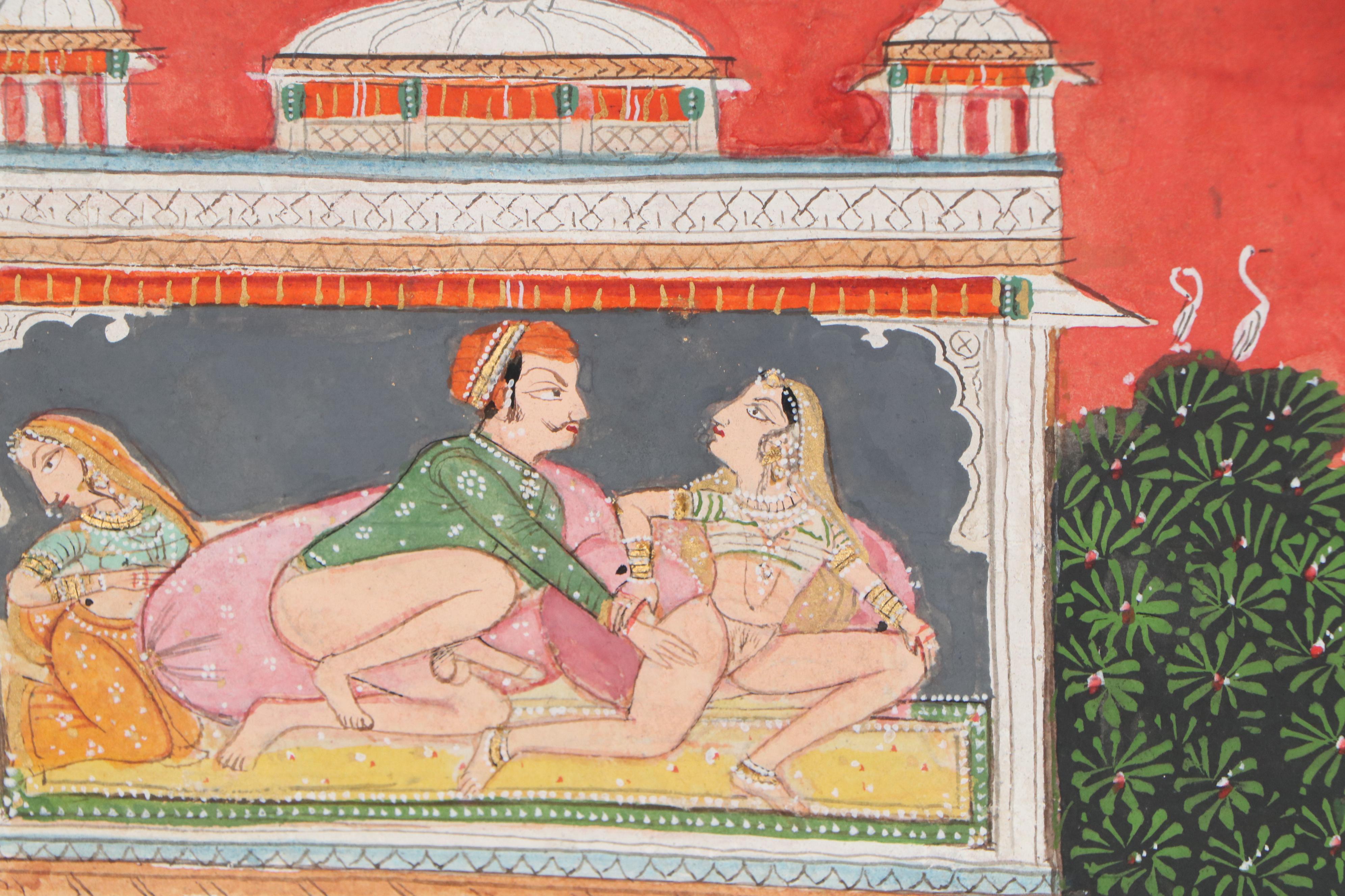 Indian Rajput Style Gouache Painting of Erotic Scene, 20th Century