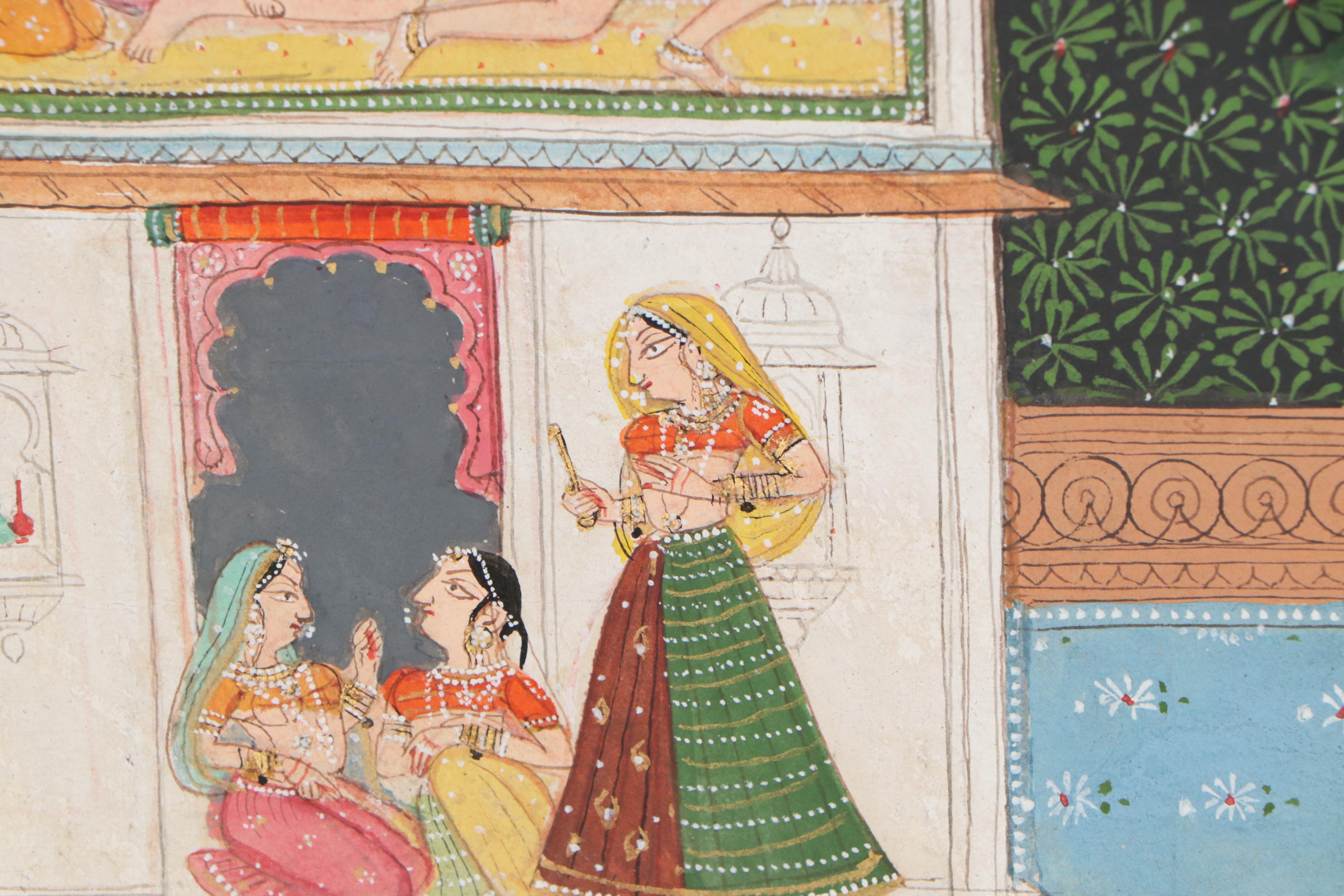 Indian Rajput Style Gouache Painting of Erotic Scene, 20th Century