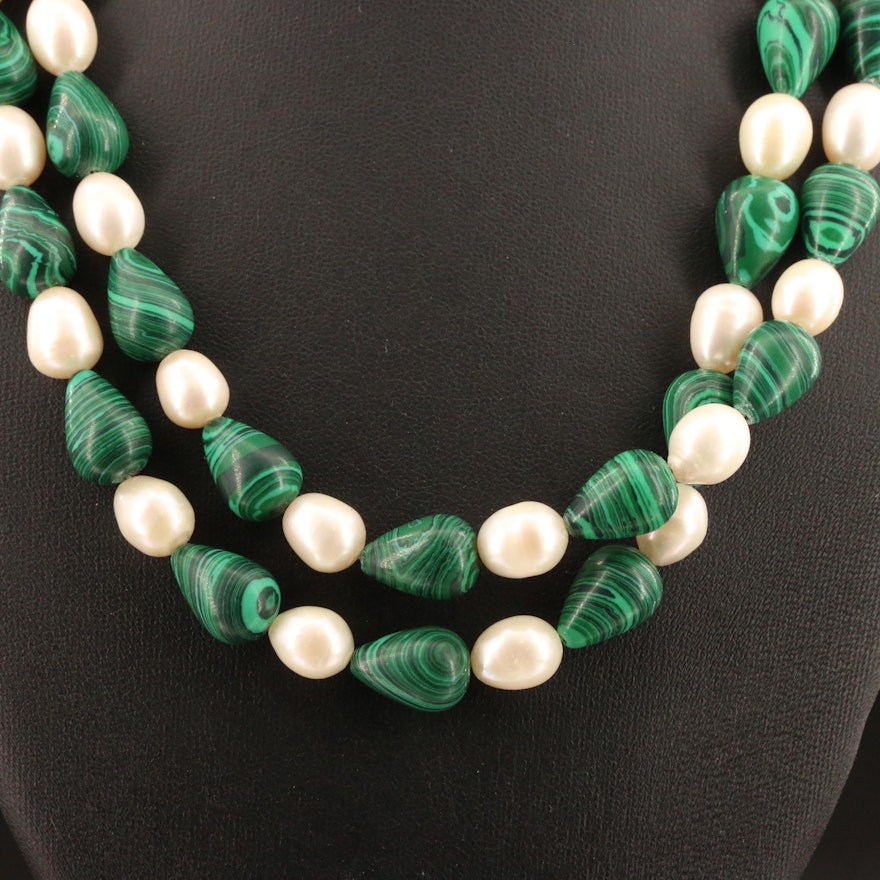 Pearl and Faux Malachite Beaded Endless Necklace