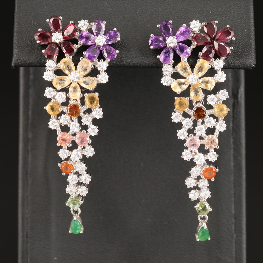 Sterling Rhodolite Garnet, Amethyst and Emerald Floral Dangle Earrings