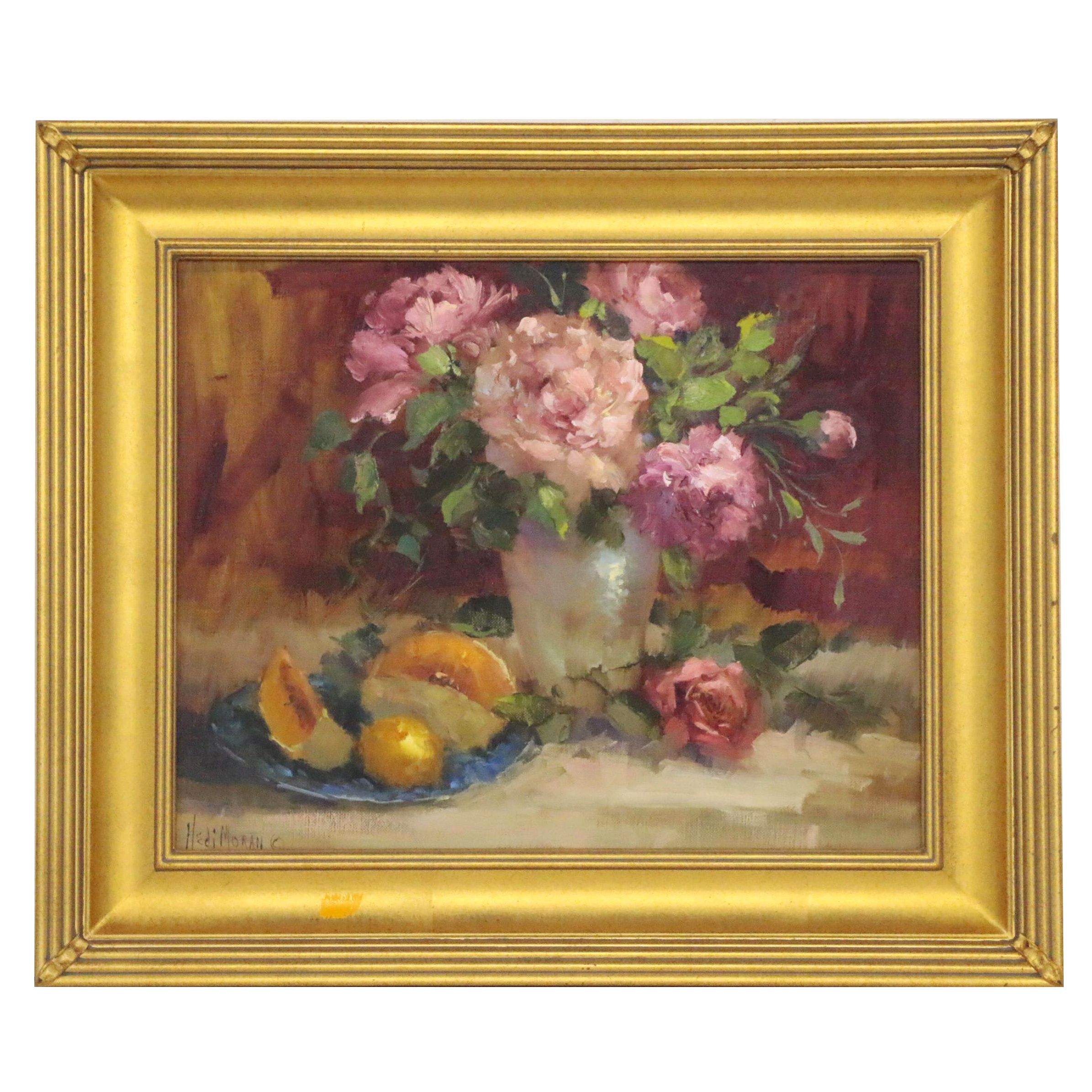 Hedi Moran Still Life Oil Painting "Pink Florals and Fruit"