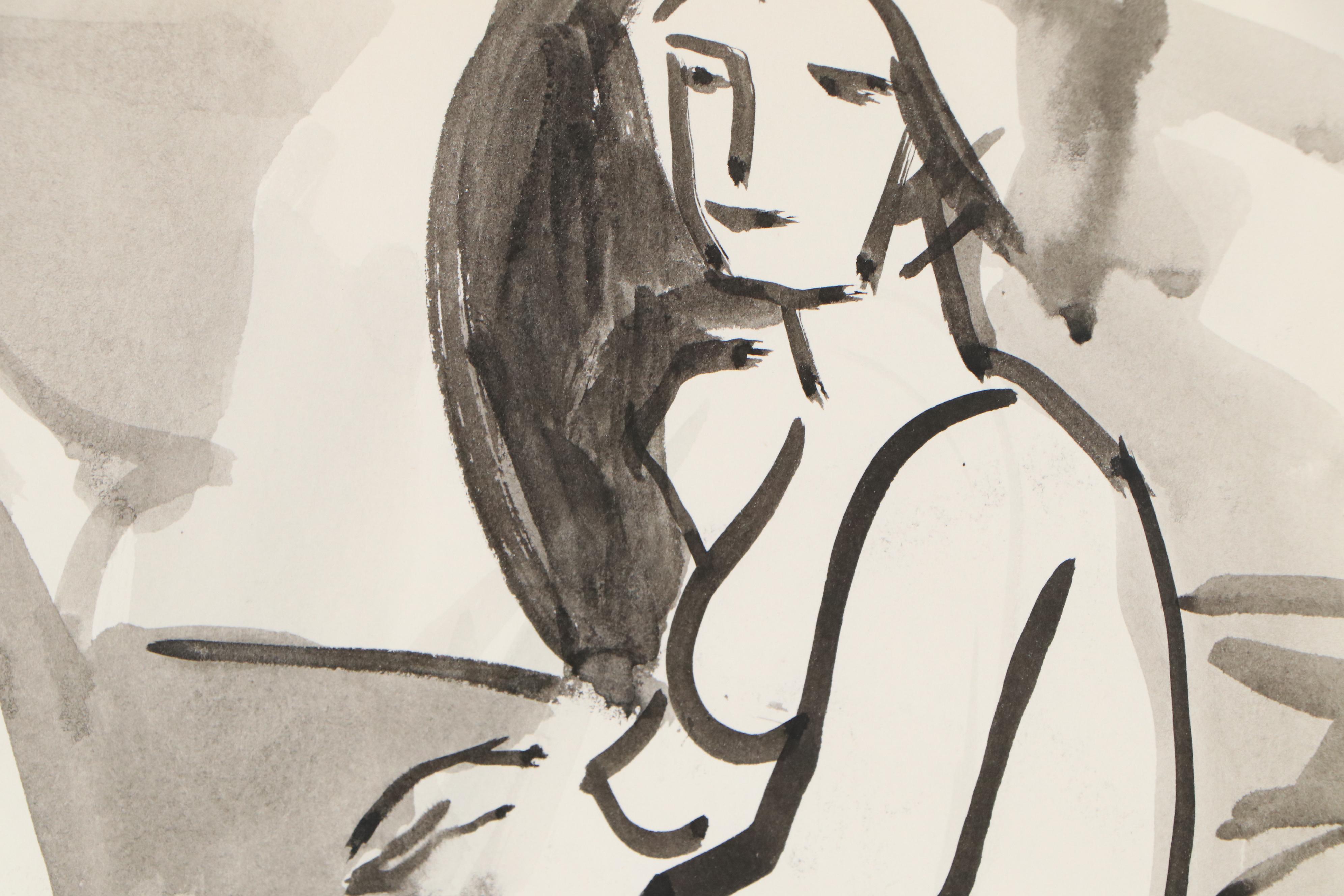 Yolanda Fusco Ink Wash Painting of Reclining Female Nude