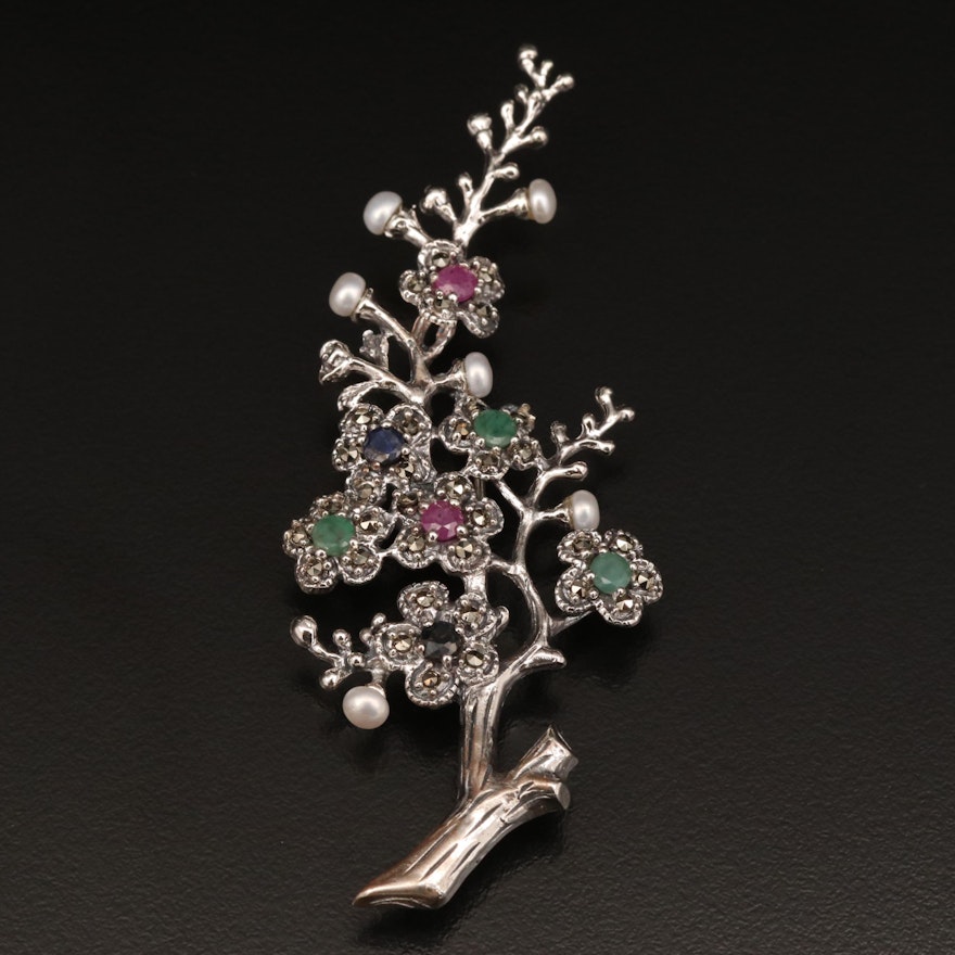 Sterling Pearl, Emerald, Ruby and Marcasite Branch Brooch