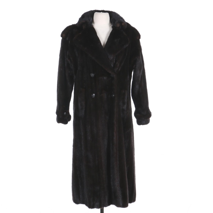 Mahogany Mink Fur Hooded Full-Length Coat with Removable Cuffs, Vintage