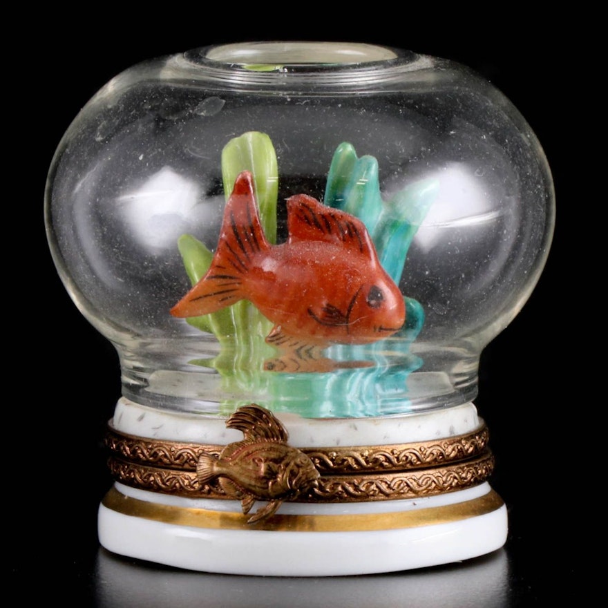 Parry Vielle Hand-Painted Glass and Porcelain Fish Bowl Limoges Box