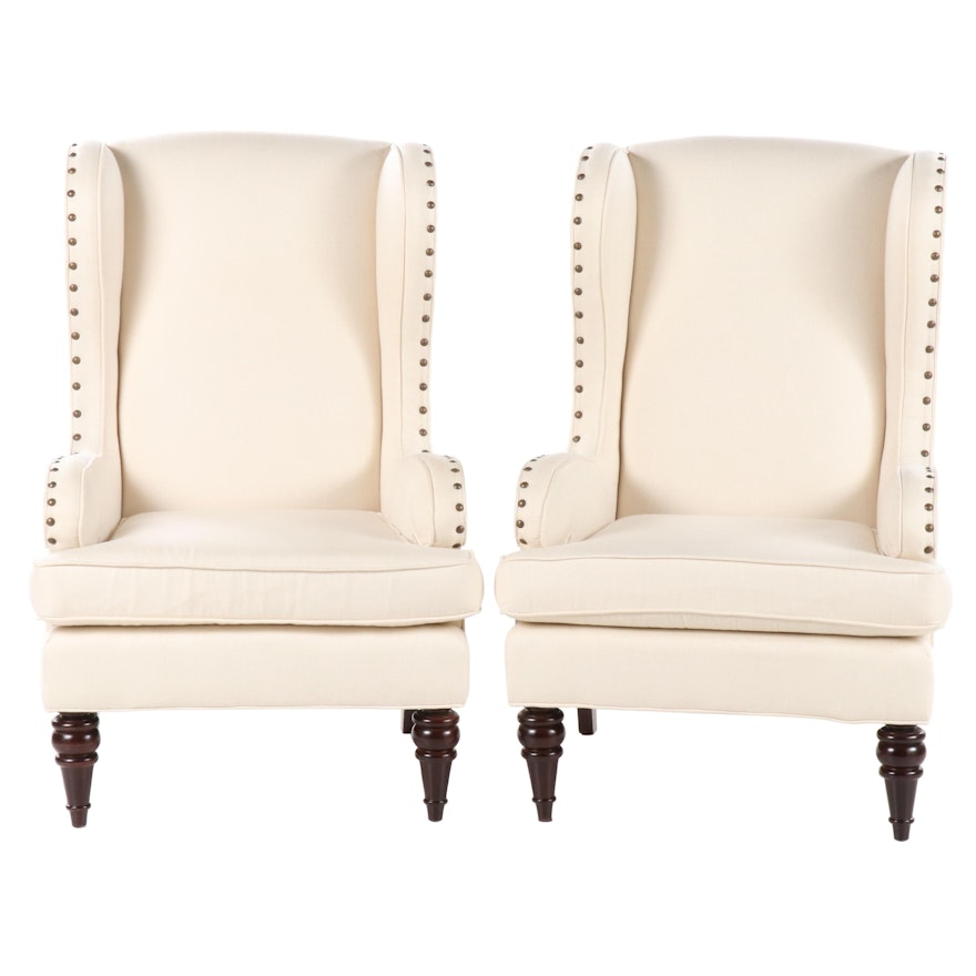 Pair of Sam Moore "Spencer" Upholstered and Brass-Tacked Wingback Armchairs