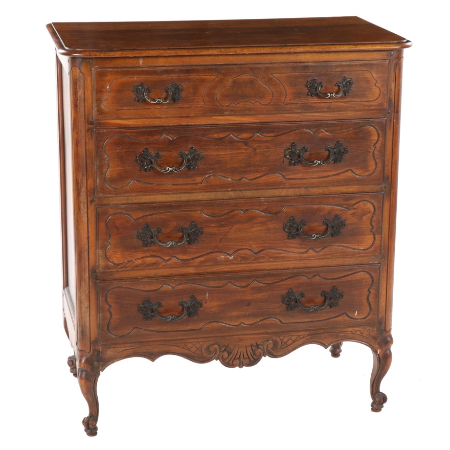 French Provincial Style Walnut Four Drawer Chest, Early to Mid 20th Century