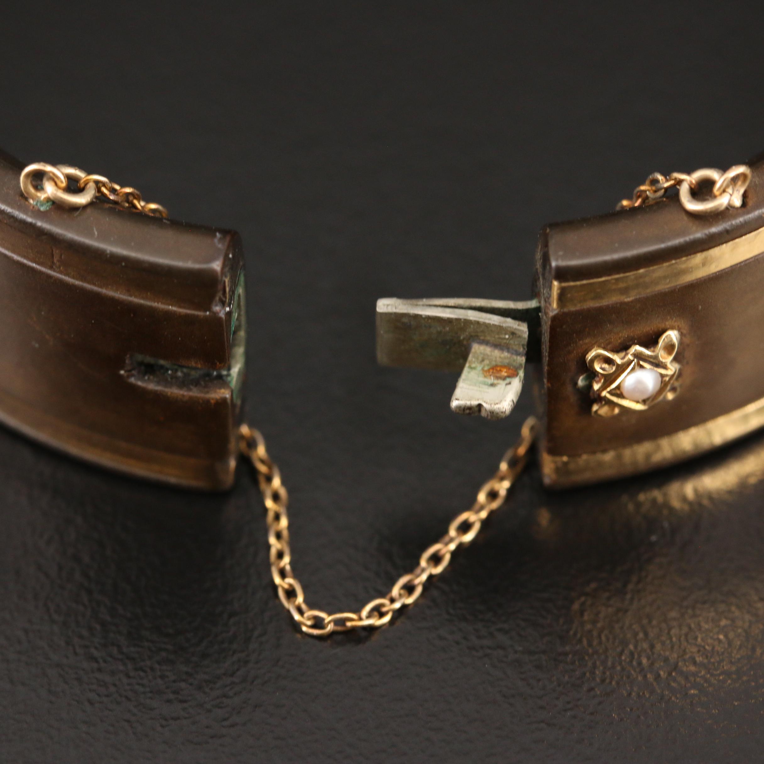Victorian 14K and Gutta Percha Hinged Bracelet with Pearl Accents