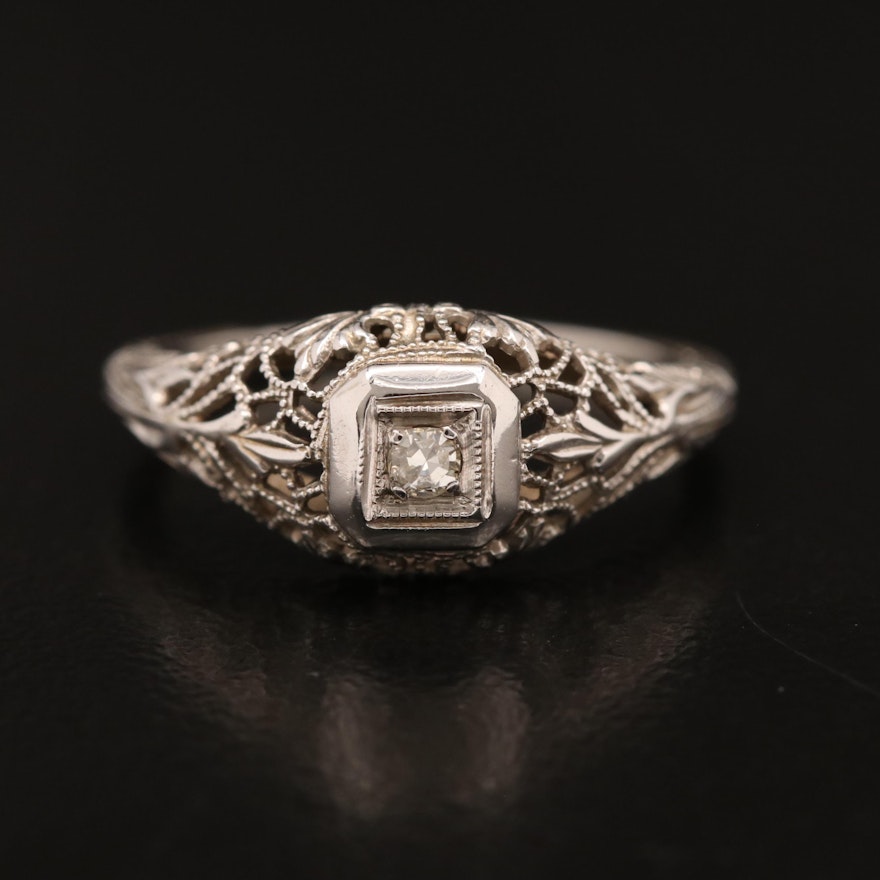 Art Deco 14K Diamond Openwork Foliate Ring