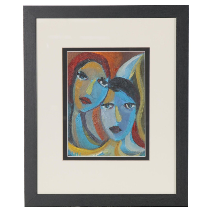 Ray Asali Modernist Acrylic Double Portrait Painting, 21st Century