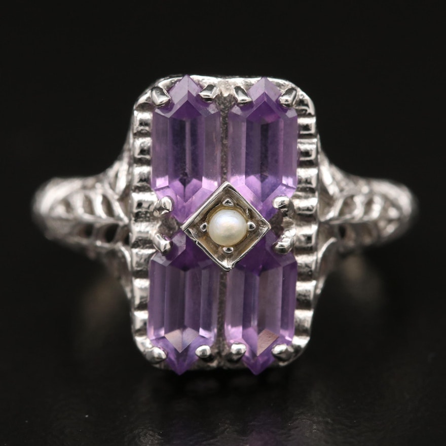 Art Deco Style 10K Amethyst and Pearl Ring