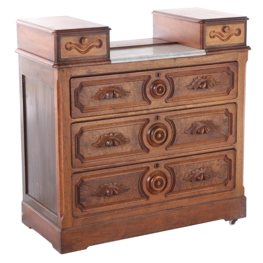 Victorian Walnut and Marble Drop Center Dresser, Late 19th Century