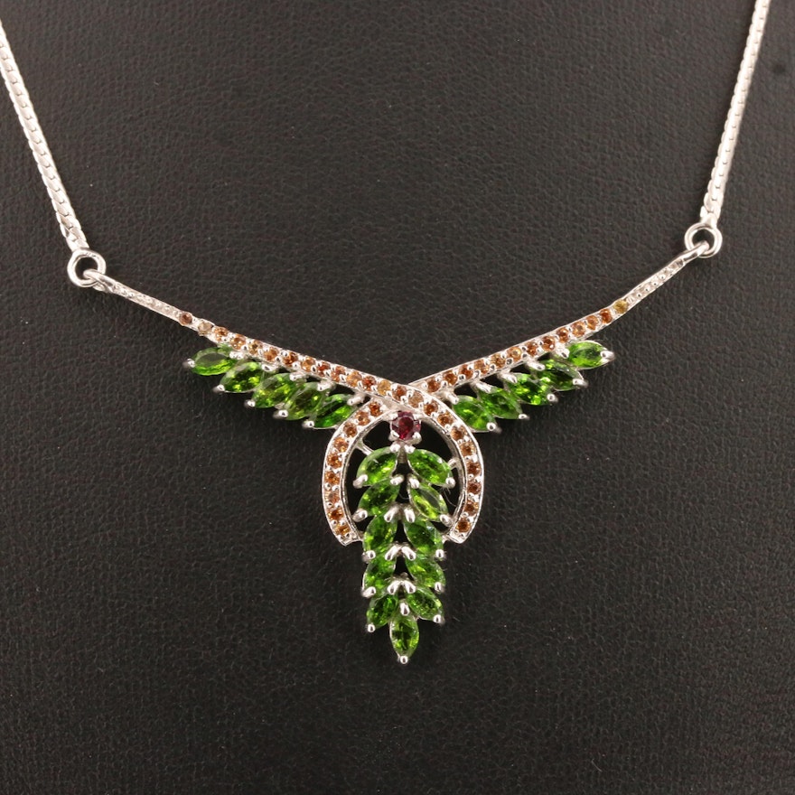 Sterling Silver Sapphire, Diopside and Garnet Bib Necklace