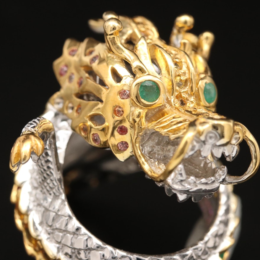 Asian Inspired Sterling Silver Garnet, Sapphire and Emerald Naga Dragon Ring