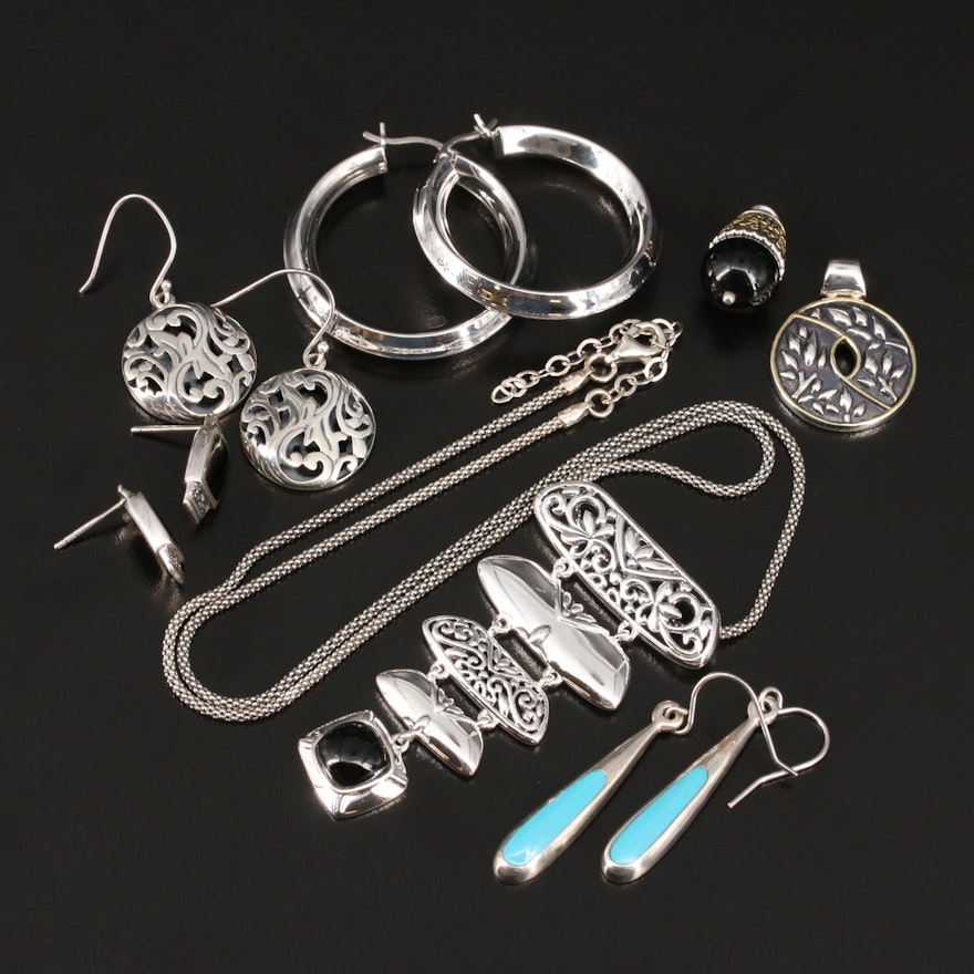 Sterling Jewelry Including Black Onyx, Marcasite and Faux Turquoise