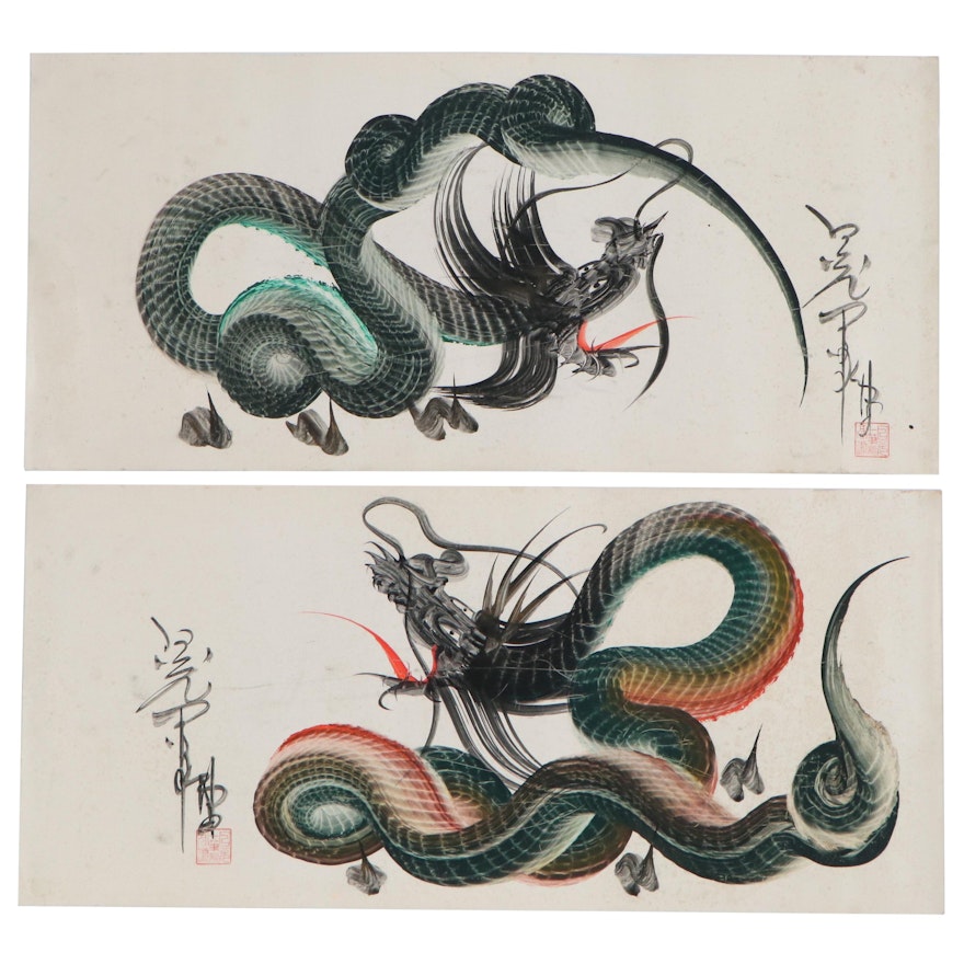 Japanese "Hitofude Ryuu" One-Stroke Ink Painted Dragons, 20th Century