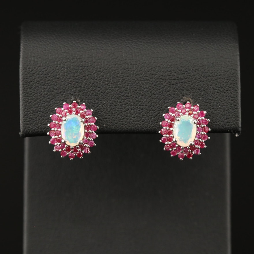 Sterling Silver Opal and Corundum Earrings