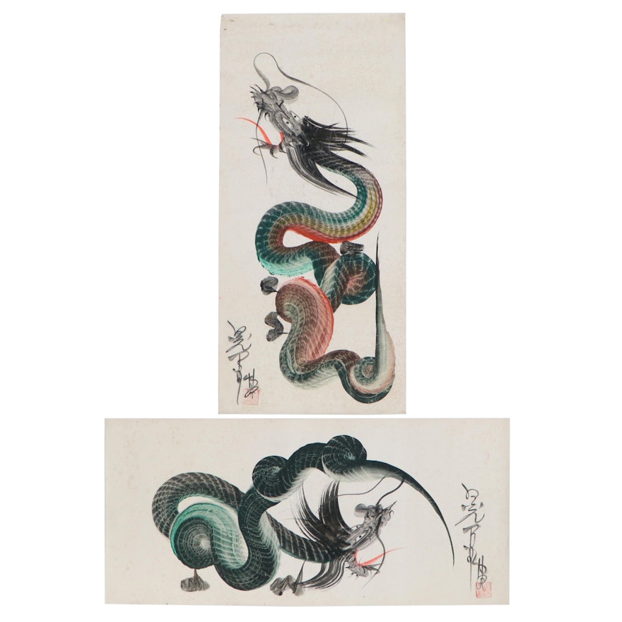 Japanese "Hitofude Ryuu" One-Stroke Ink Painted Dragons, 20th Century