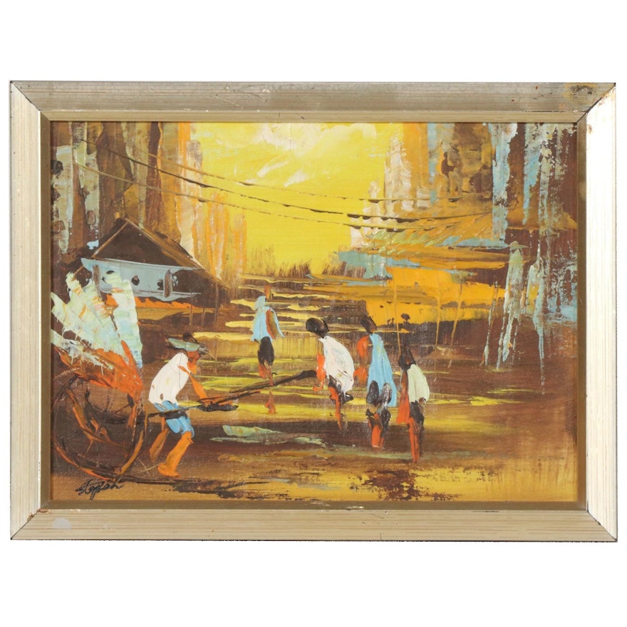 Stephen Lee Oil Painting of Southeast Asian Street Scene, Late 20th Century