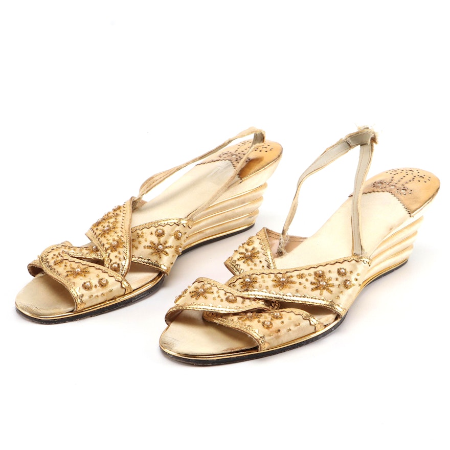Beaded Metallic Leather and Satin Slingback Wedge Sandals, Mid-20th Century
