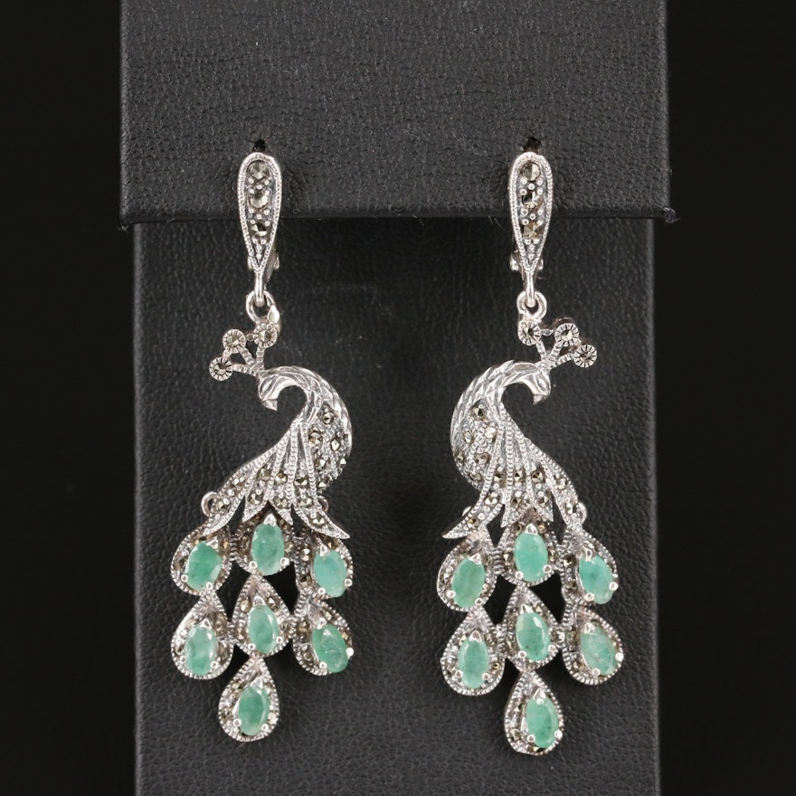 Sterling Emerald and Marcasite Peacock Drop Earrings