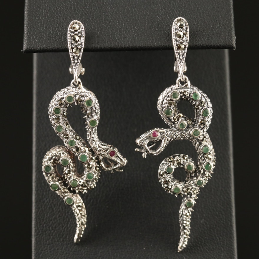 Sterling Silver Emerald, Ruby and Marcasite Coiled Snake Earrings