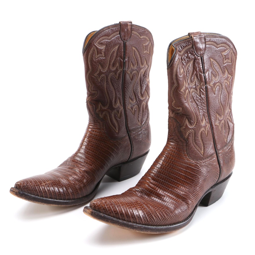 Stallion Embroidered Brown Leather and Lizard Skin Cowboy Boots