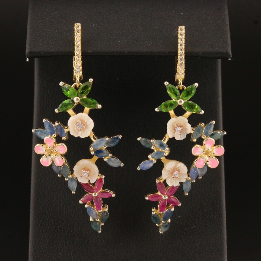 Sterling Silver Multi-Gemstone Floral Motif Drop Earrings