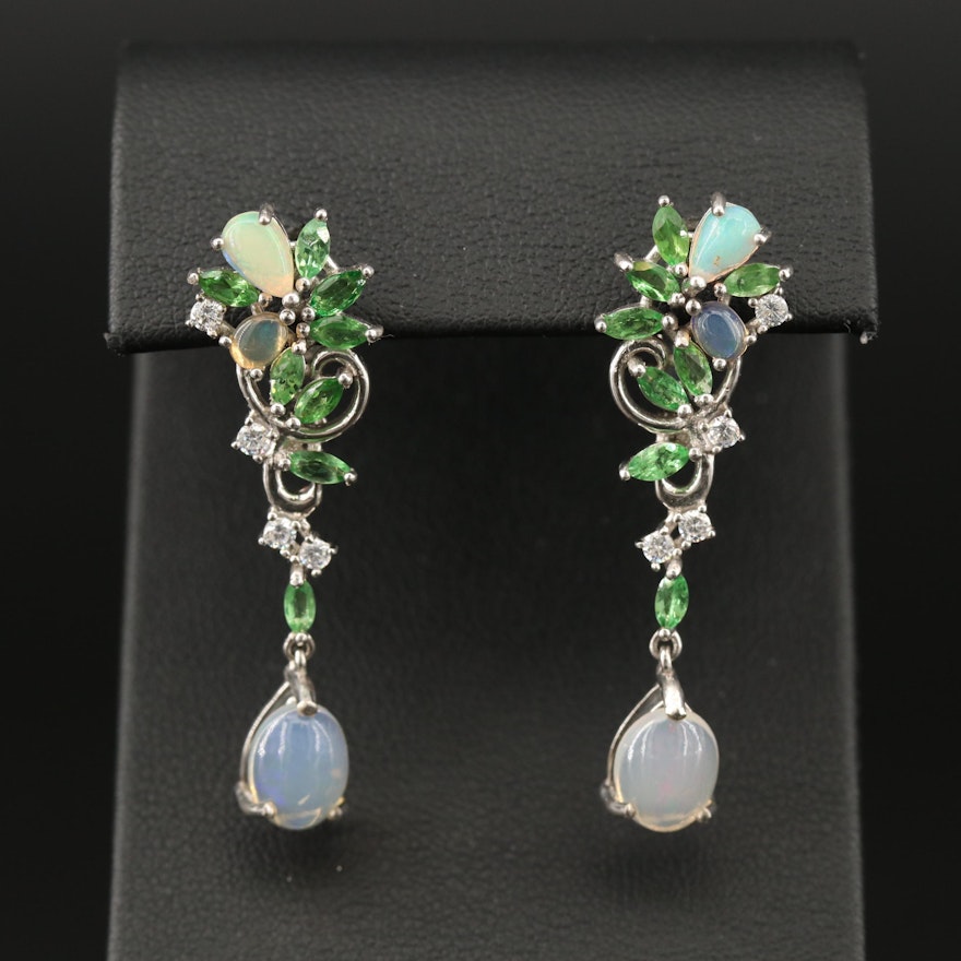 Sterling Silver Opal, Diopside and Cubic Zirconia Cluster Earrings