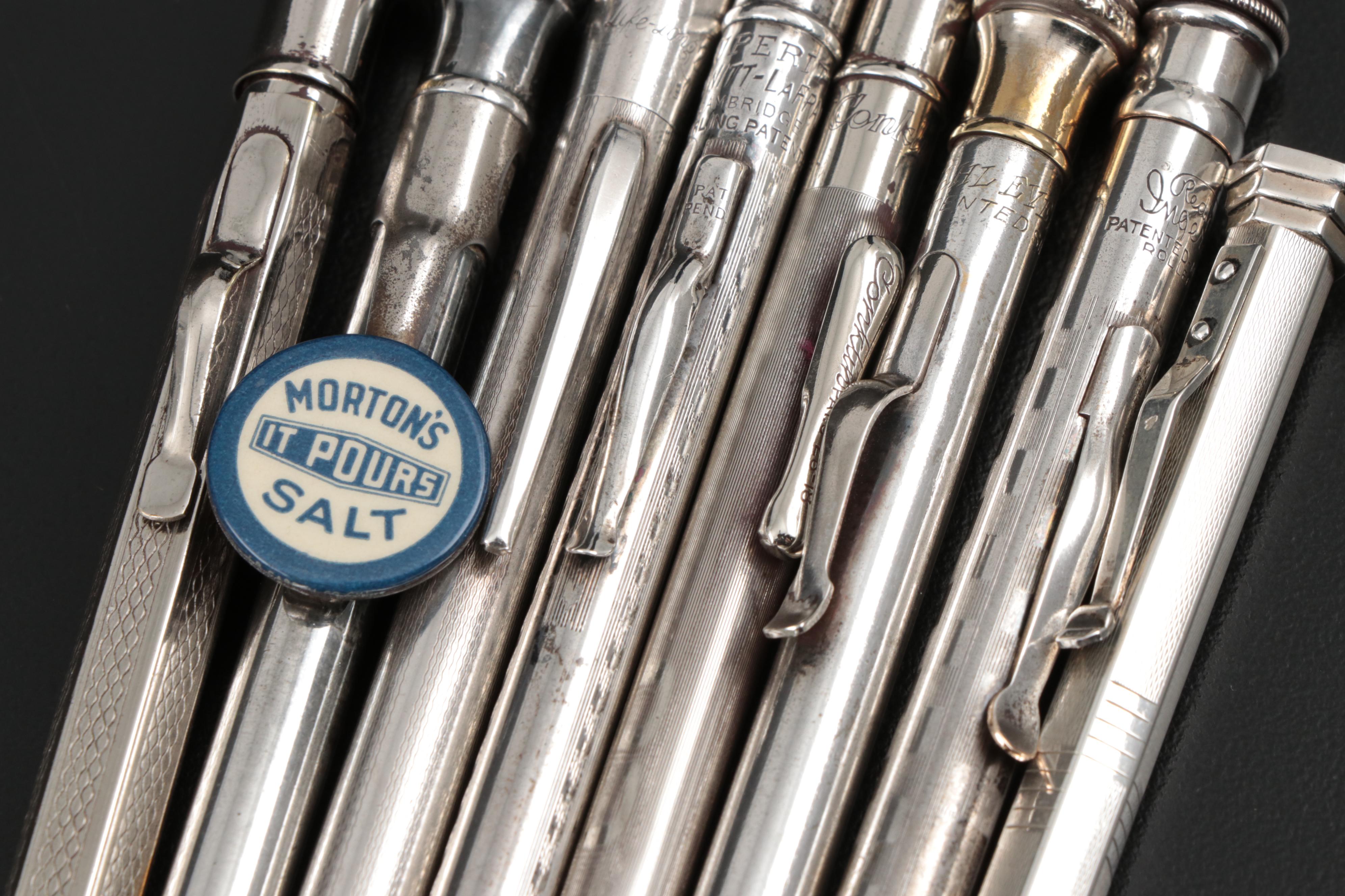 Sterling Silver Plated Mechanical Pencils with Morton's Salt Advertising Clip