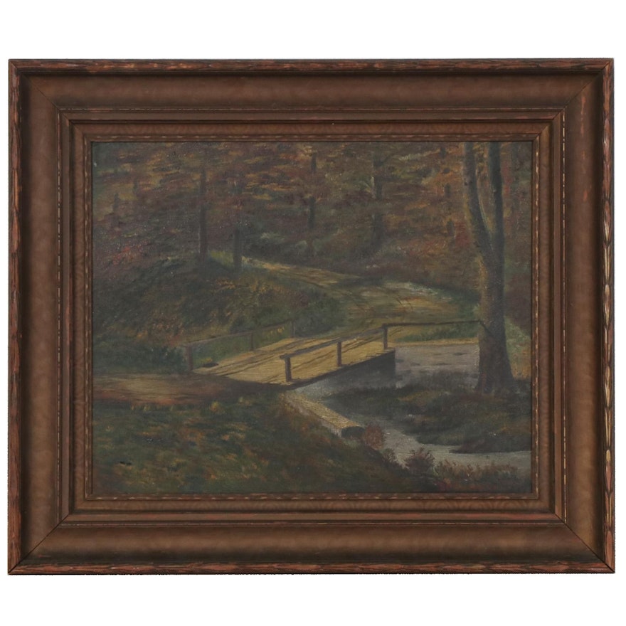 Oil Painting of Forest Road with Bridge, Late 19th-Early 20th Century