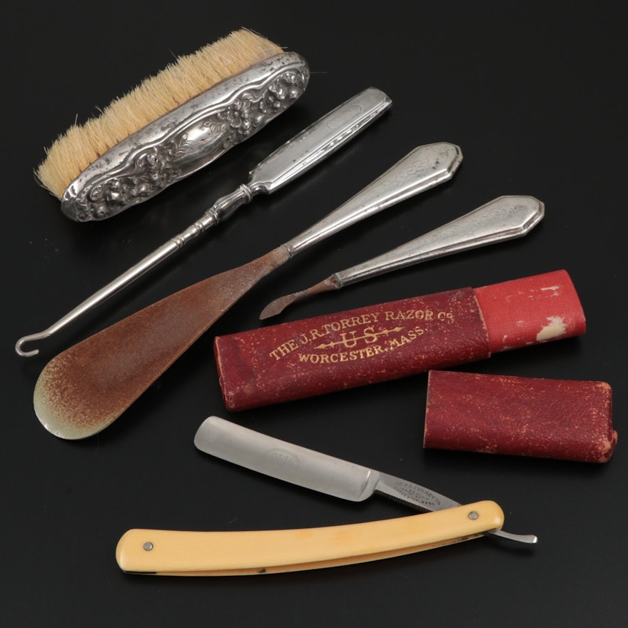 J.R. Torrey Straight Razor, Webster and Other Sterling Handle Vanity Tools