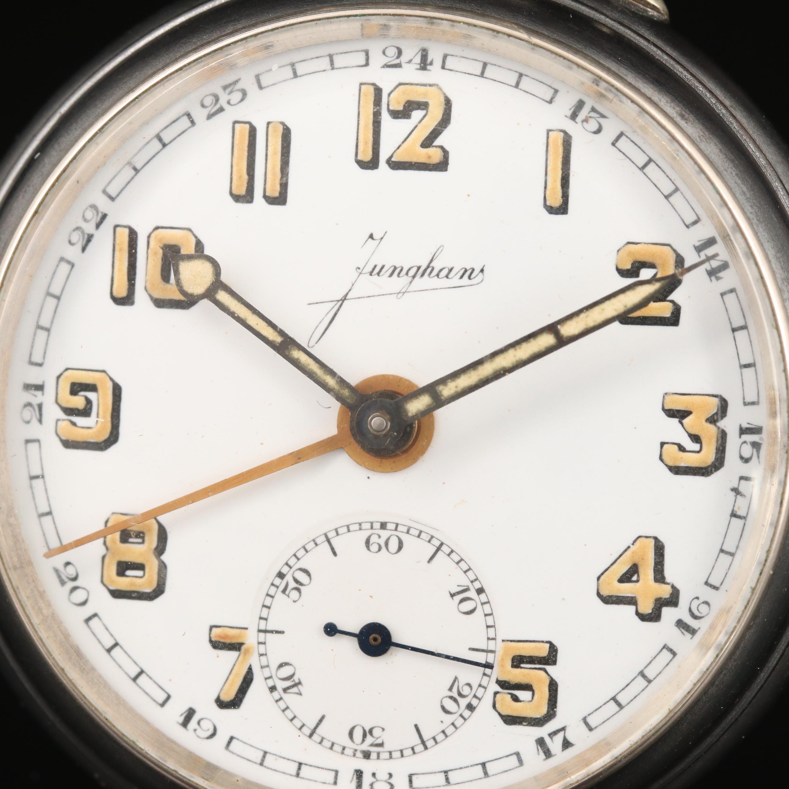 Vintage Junghans Gunmetal Open Face Pocket Watch with Alarm