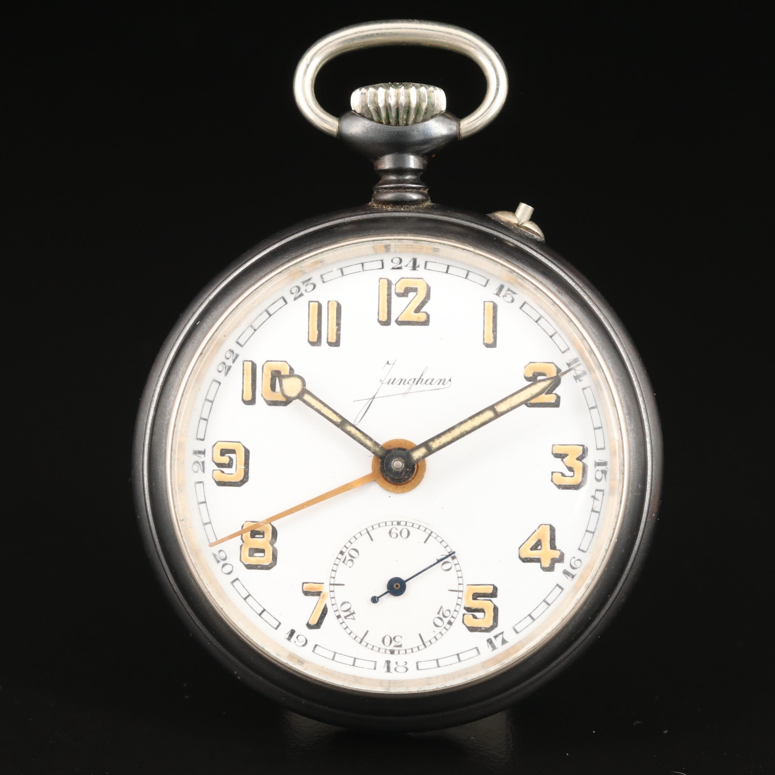 Vintage Junghans Gunmetal Open Face Pocket Watch with Alarm