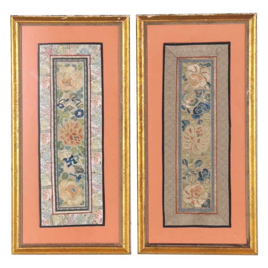 Chinese Hand-Embroidered Silk Sleeve Bands, Early to Mid-20th Century