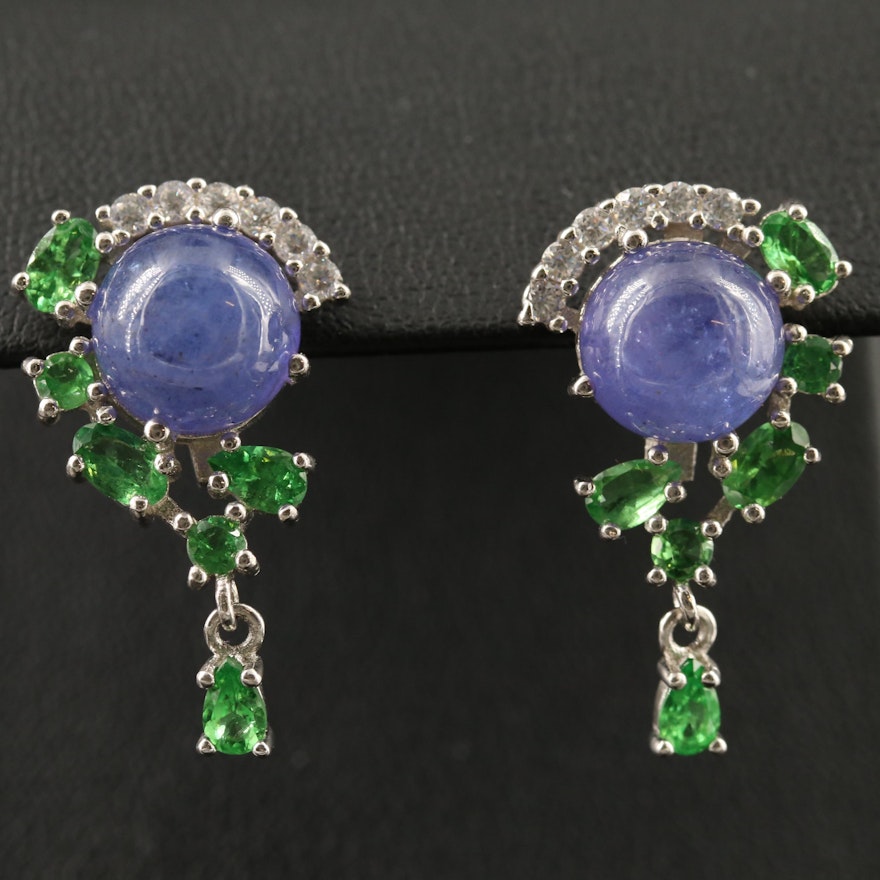 Sterling Silver Tanzanite, Diopside and Cubic Zirconia Earrings