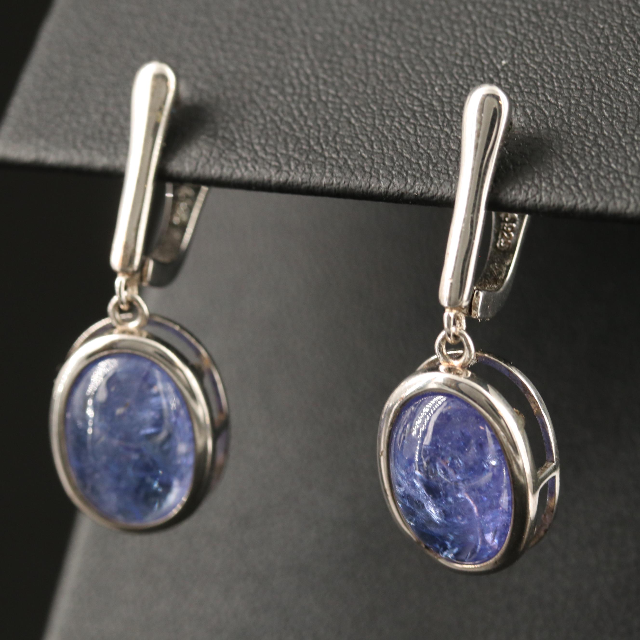 Sterling Silver Bezel Set Tanzanite Dangle Earrings
