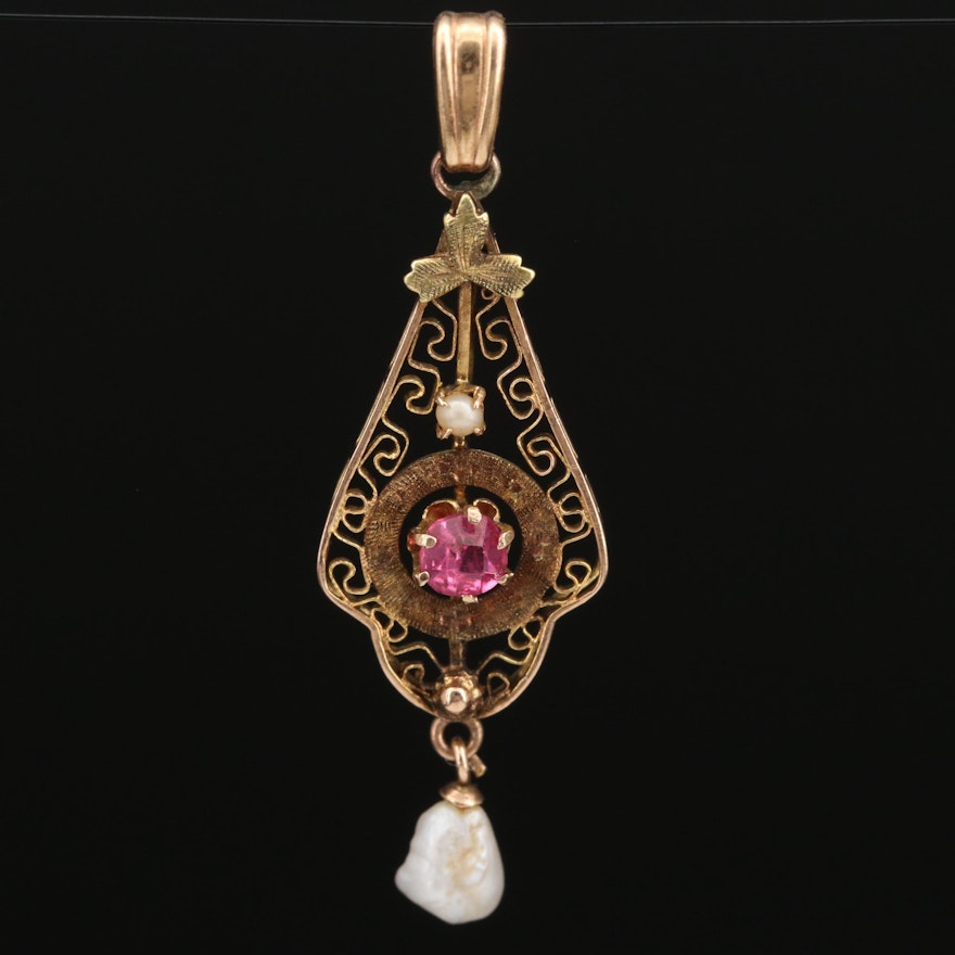 Vintage 10K Glass and Seed Pearl Pendant with 14K Bail