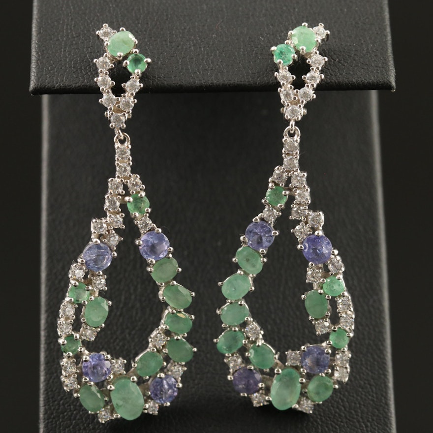 Sterling Silver Emerald, Tanzanite and Cubic Zirconia Cluster Dangle Earrings