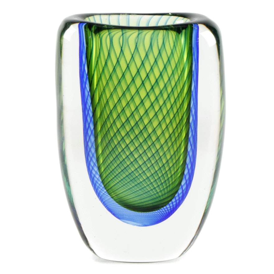 Kosta Boda Blue and Green Optic Art Glass Vase Designed by Vicke Lindstrand