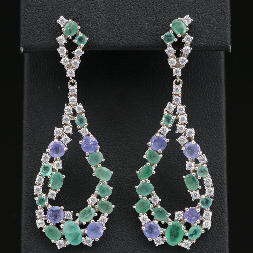 Sterling Silver Emerald, Tanzanite and Cubic Zirconia Tear Drop Dangle Earrings