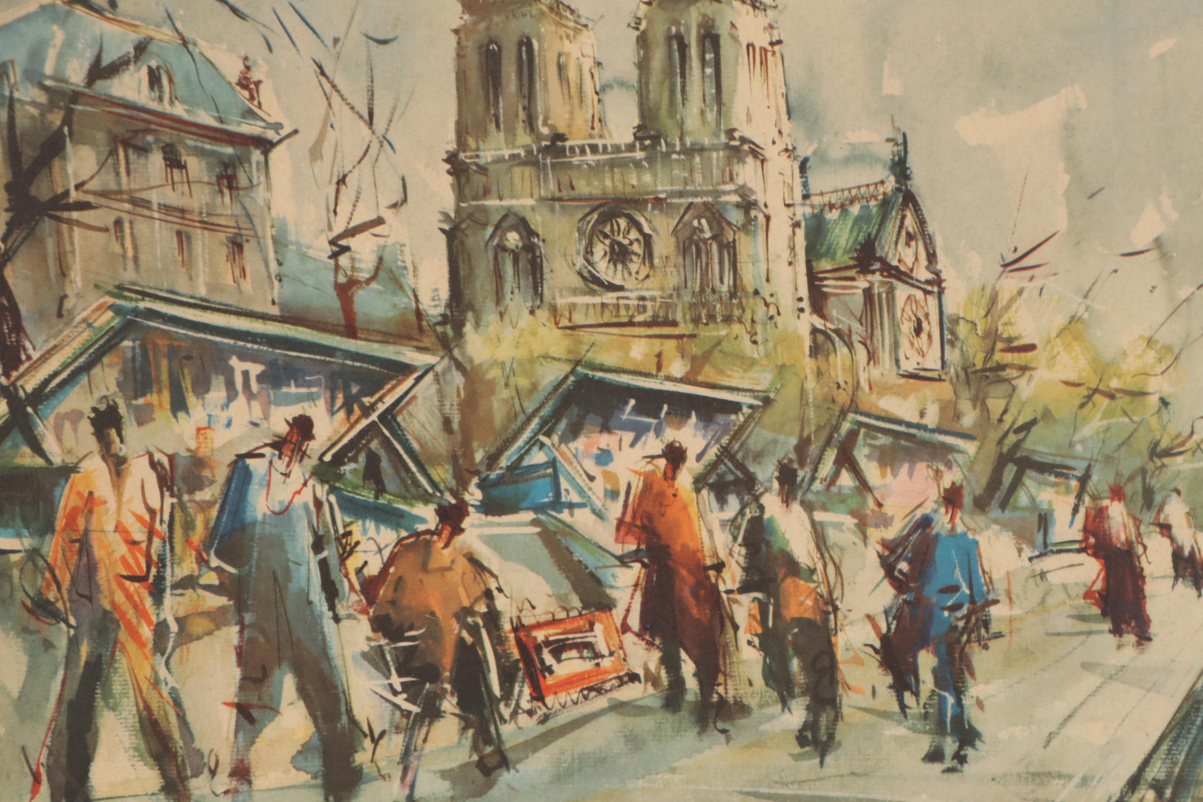 Offset Lithograph after Marius Girard "Paris, Notre Dame et les Bouquinistes"