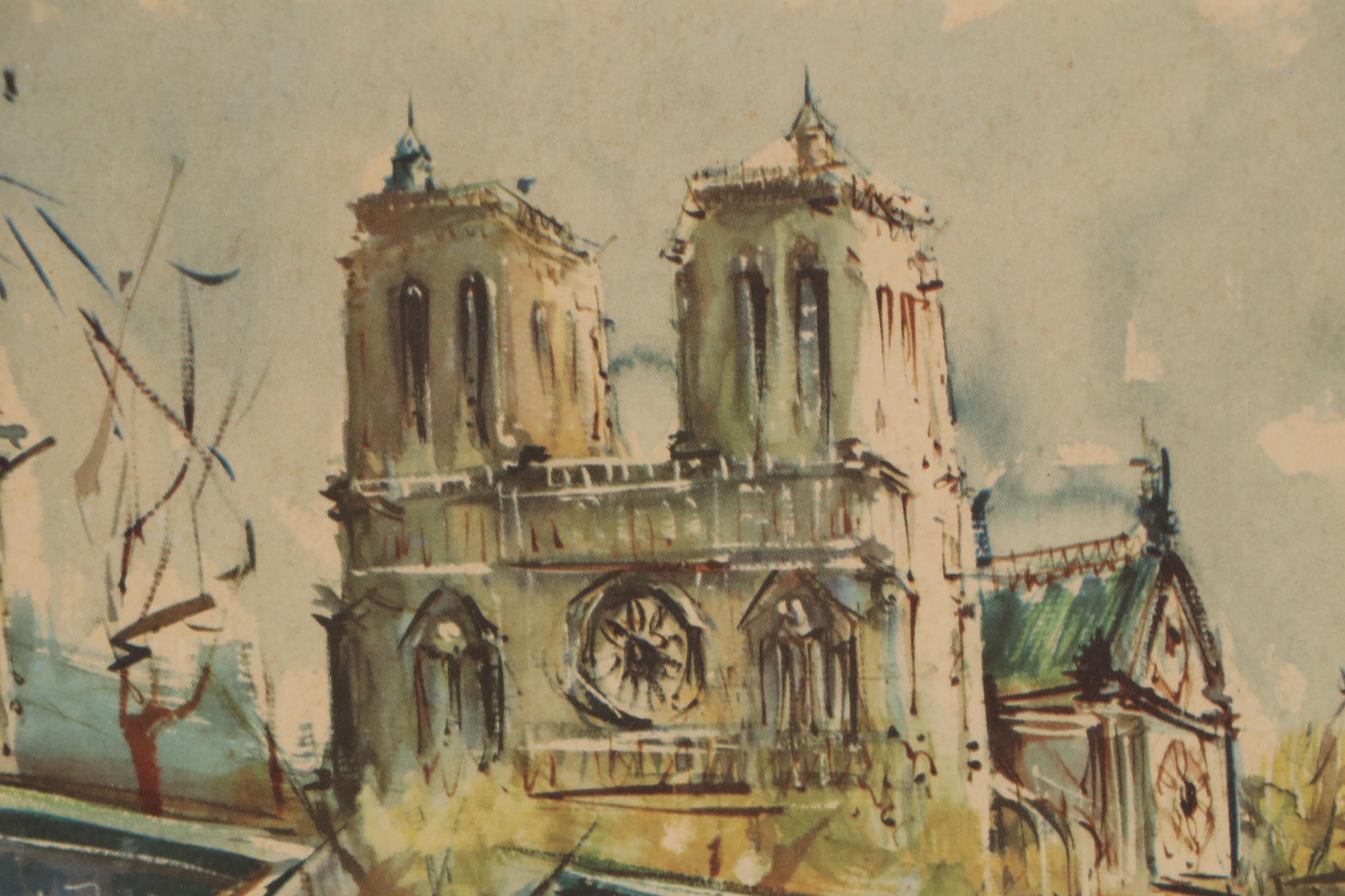 Offset Lithograph after Marius Girard "Paris, Notre Dame et les Bouquinistes"