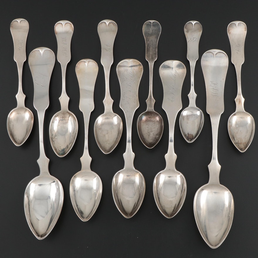 Richard Clayton Coin Silver Fiddle Handle Spoons, Mid-19th Century