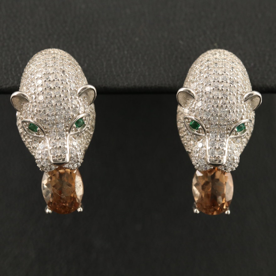 Sterling Sapphire and Cubic Zirconia Feline Earrings