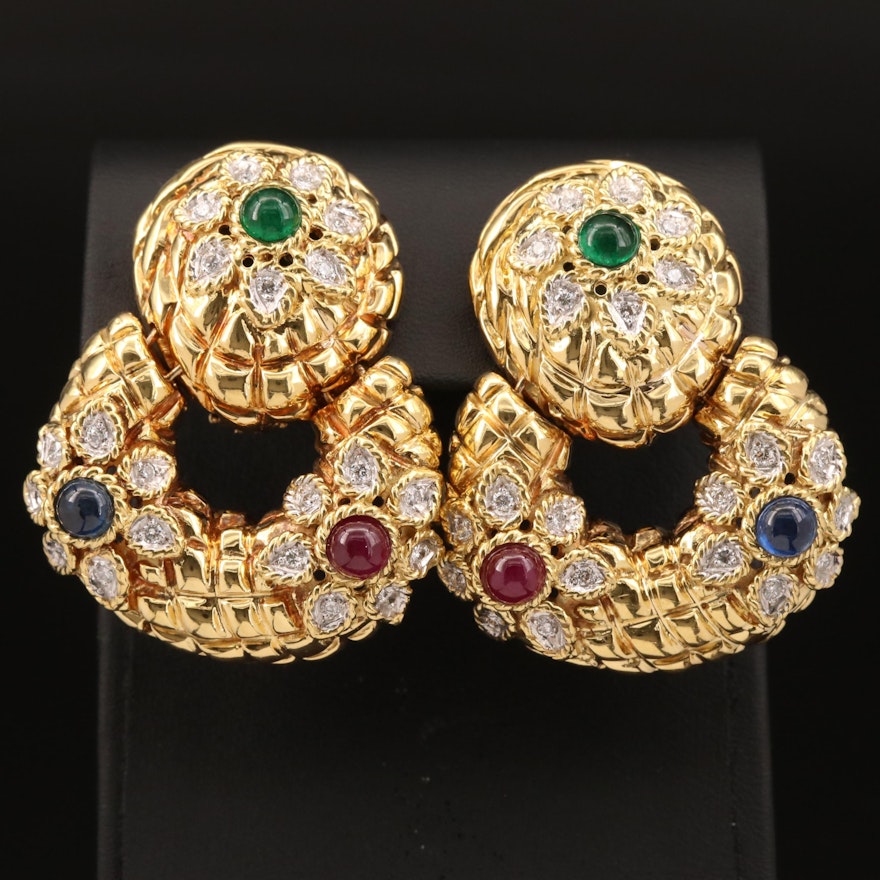 Vintage Cassis 18K 1.20 CTW Diamond and Gemstone Door Knocker Earrings