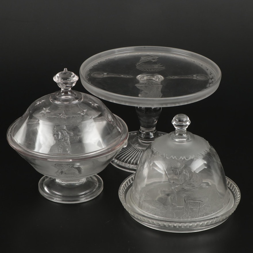 EAPG Adams & Co Pressed Glass "Opera" Cake Stand and Other Serving Pieces