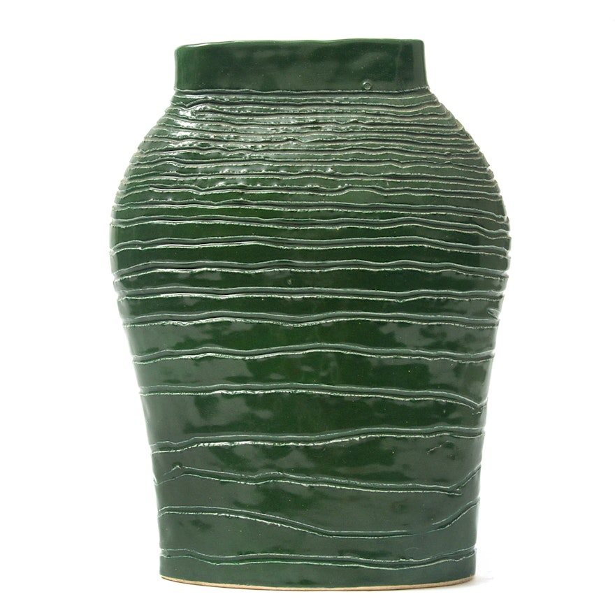 G. Carder Hand Thrown Green Glaze Ceramic Vase, 1994